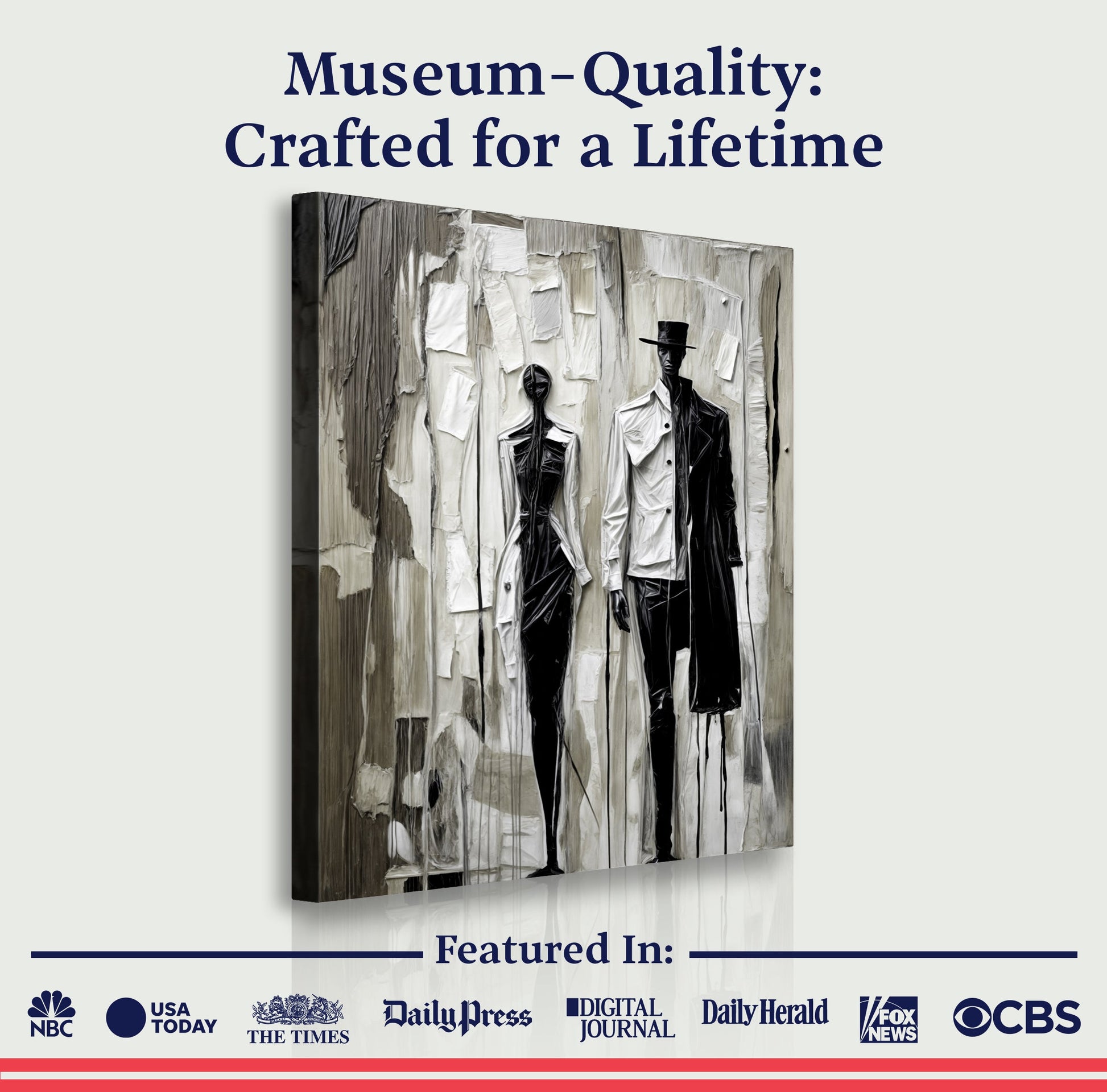Beige and black minimalist canvas wall art depicting two suited figures against a backdrop on Tampa Home & Garden Store