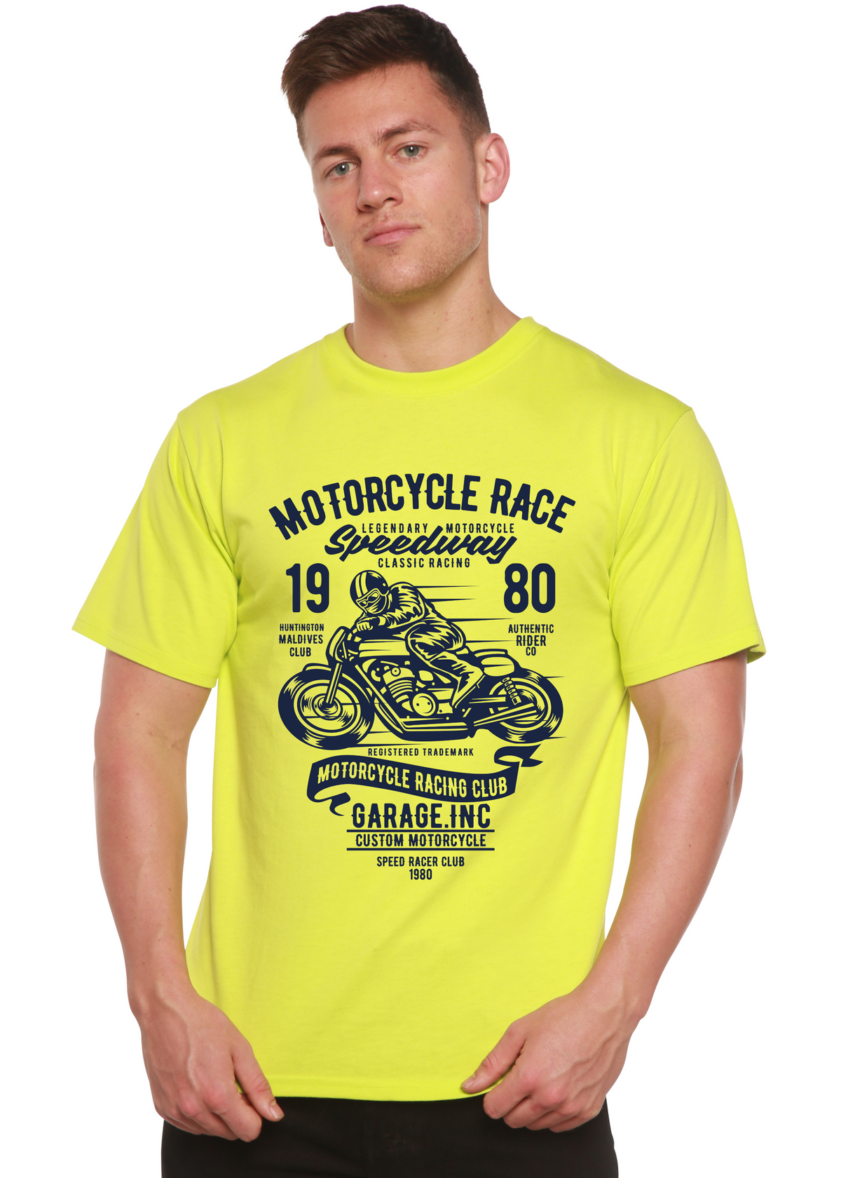 Men's neon yellow T-shirt with motorcycle print by Spun Bamboo bamboo viscose/organic cotton on Tampa Home & Garden Store