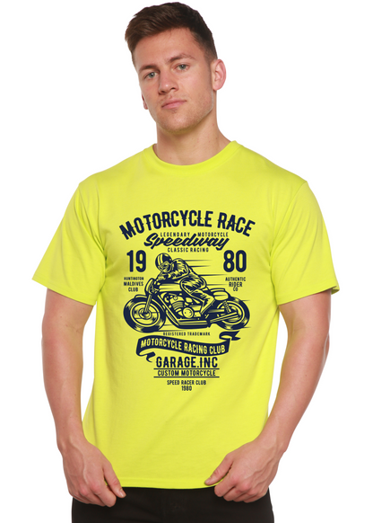 Men's neon yellow T-shirt with motorcycle print by Spun Bamboo bamboo viscose/organic cotton on Tampa Home & Garden Store