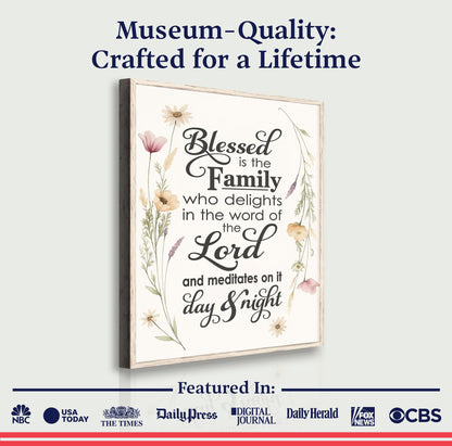 Blessed Is The Family faith sign canvas with floral border by Tailored Canvases on Tampa Home & Garden Store