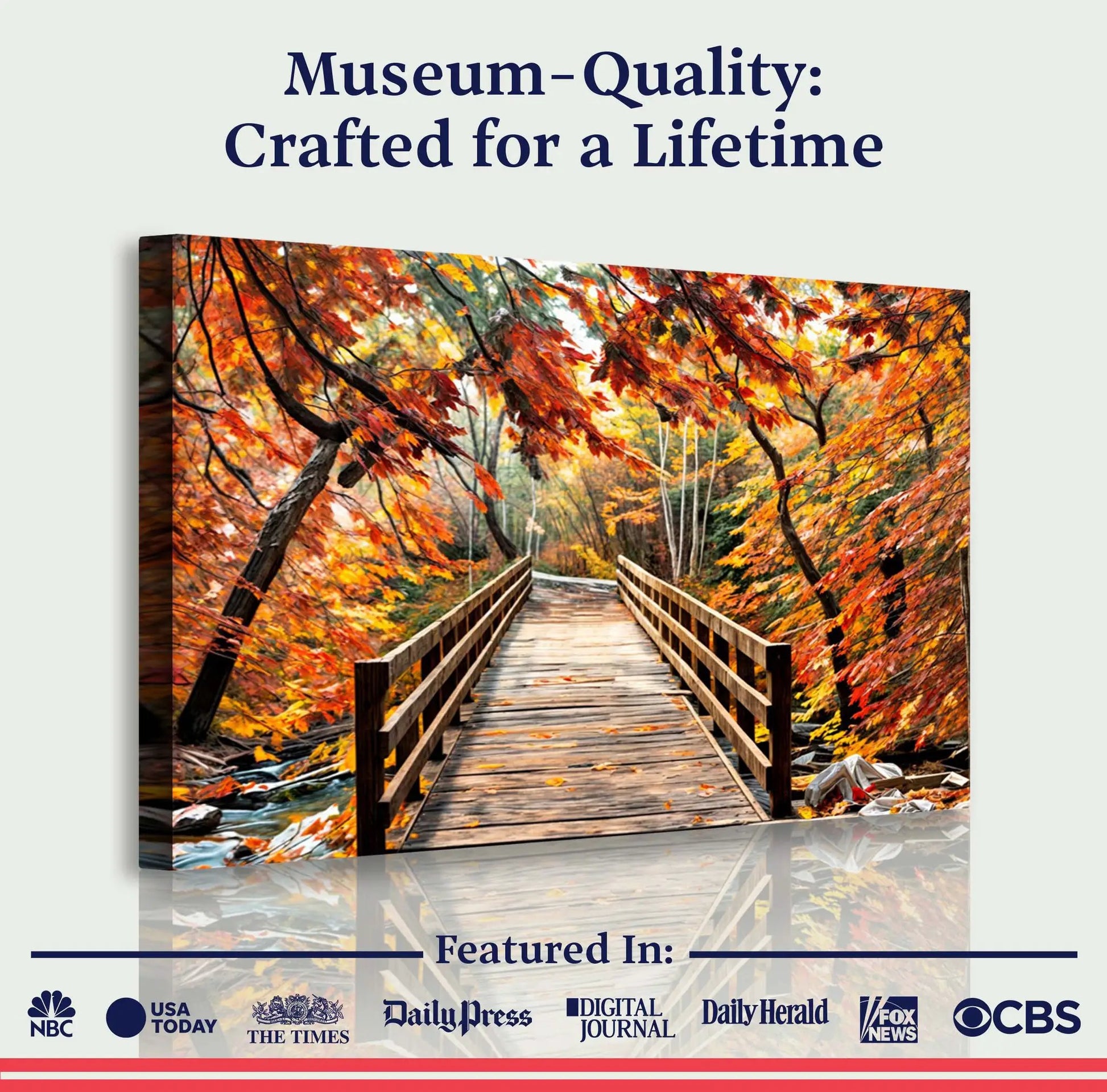 Crossing Autumn Wall Art canvas by Tailored Canvases, autumn forest scene along a wooden bridge on Tampa Home & Garden Store