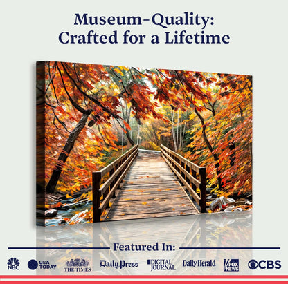 Crossing Autumn Wall Art canvas by Tailored Canvases, autumn forest scene along a wooden bridge on Tampa Home & Garden Store