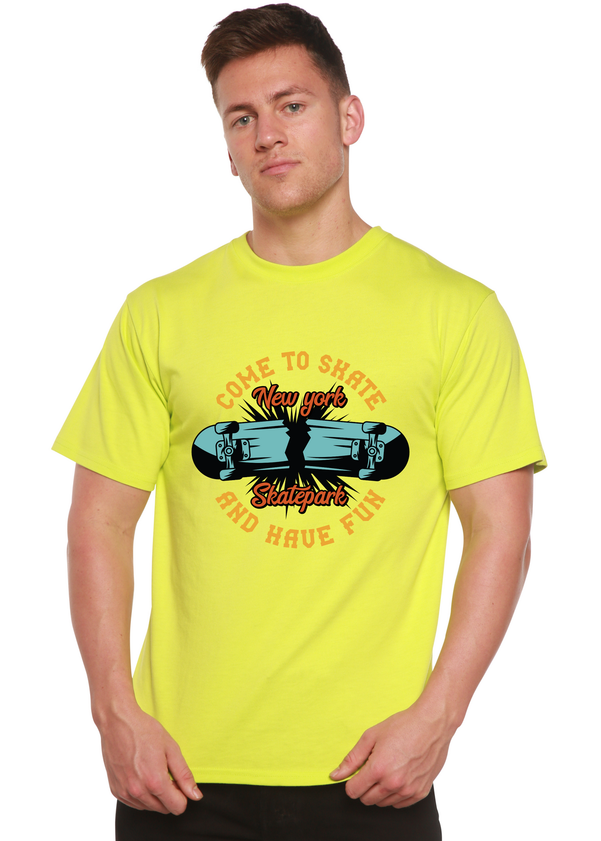 New York Skatepark men's graphic T-shirt neon yellow bamboo viscose blend with skateboard print on Tampa Home & Garden Store
