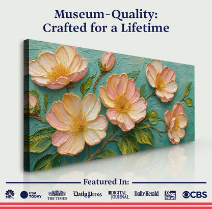 Blossoms Serenade Wall Art Crafting Canvas by Tailored Canvases; pink peonies on teal background on Tampa Home & Garden Store