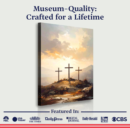 Three Crosses on Calvary Faith Wall Art canvas with several crosses on a hill under a sky on Tampa Home & Garden Store