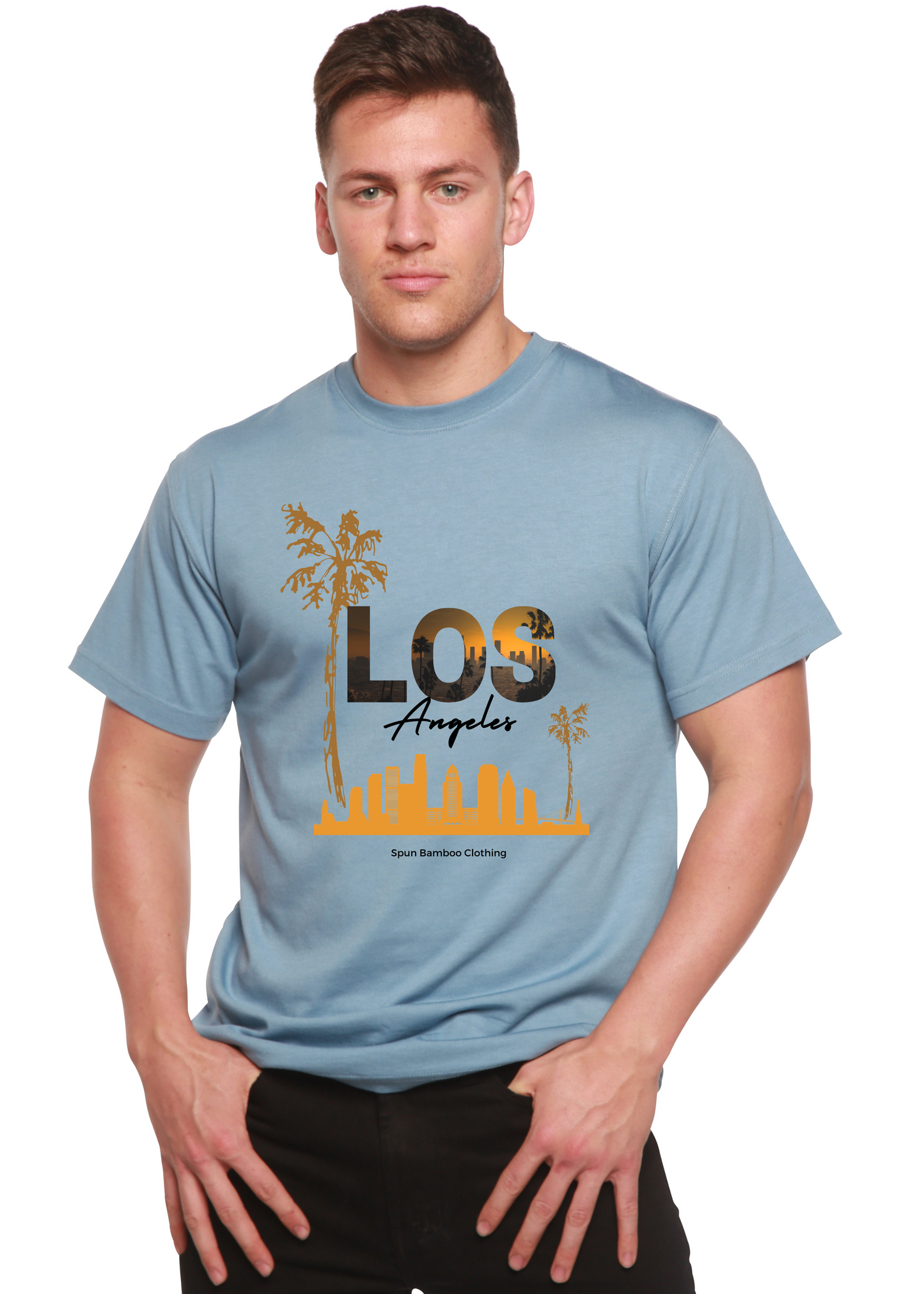 Los Angeles graphic tee bamboo viscose organic cotton palm trees skyline print blue Spun Bamboo on Tampa Home & Garden Store