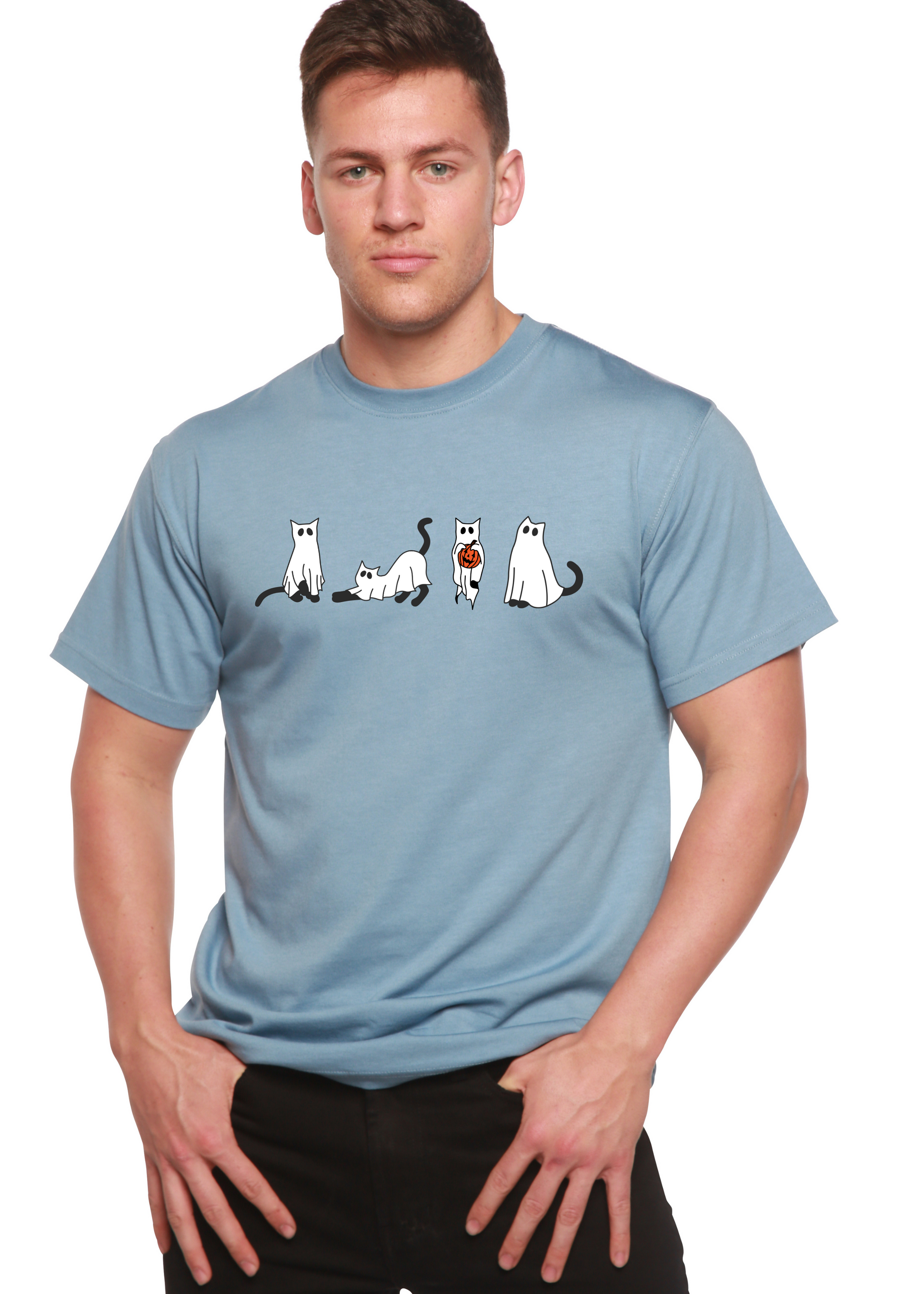 Mens bamboo viscose/organic cotton T-shirt in light blue with five white Halloween cats on Tampa Home & Garden Store