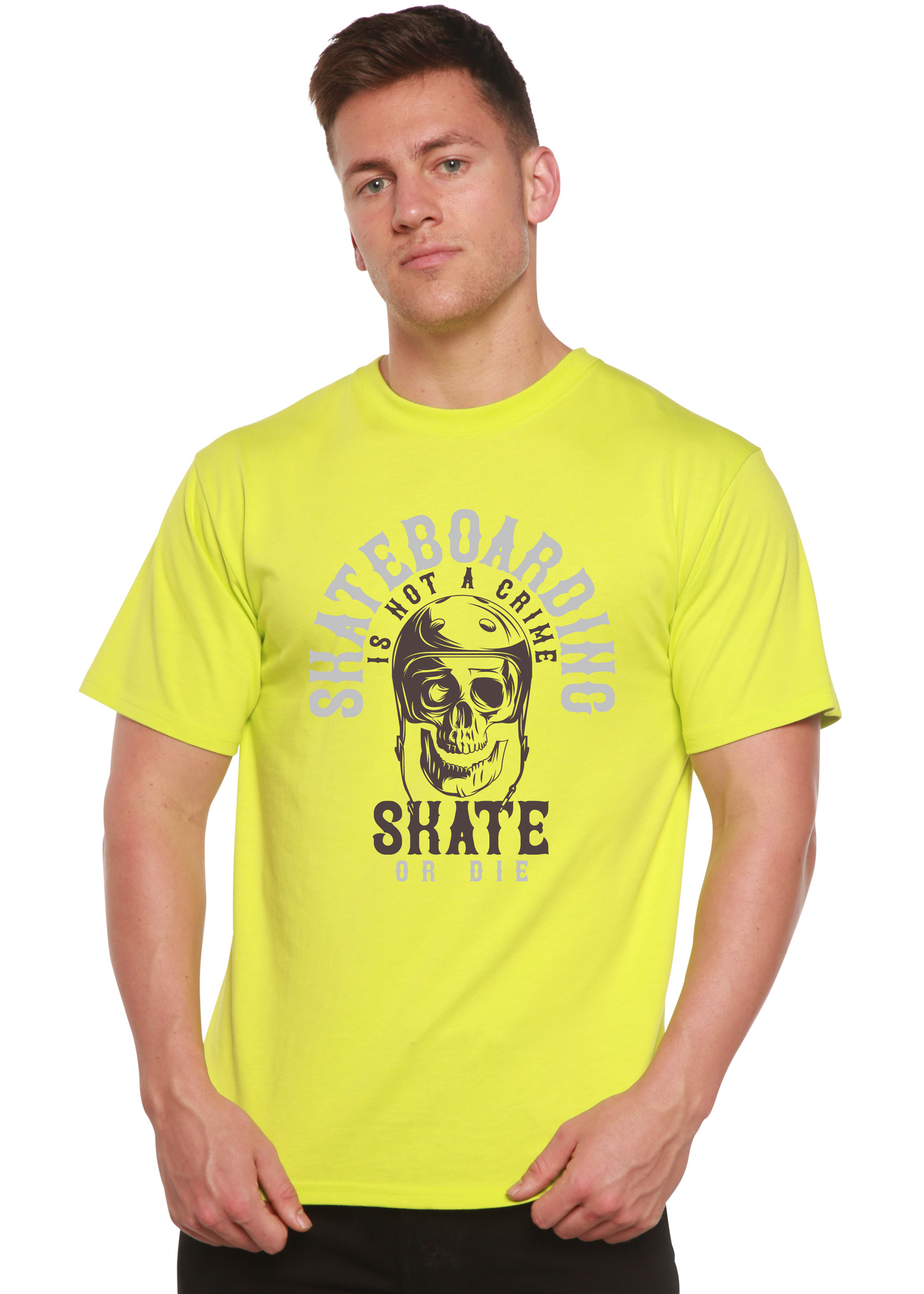 Skate Boarding graphic T-shirt for men in neon yellow by Spun Bamboo on Tampa Home & Garden Store