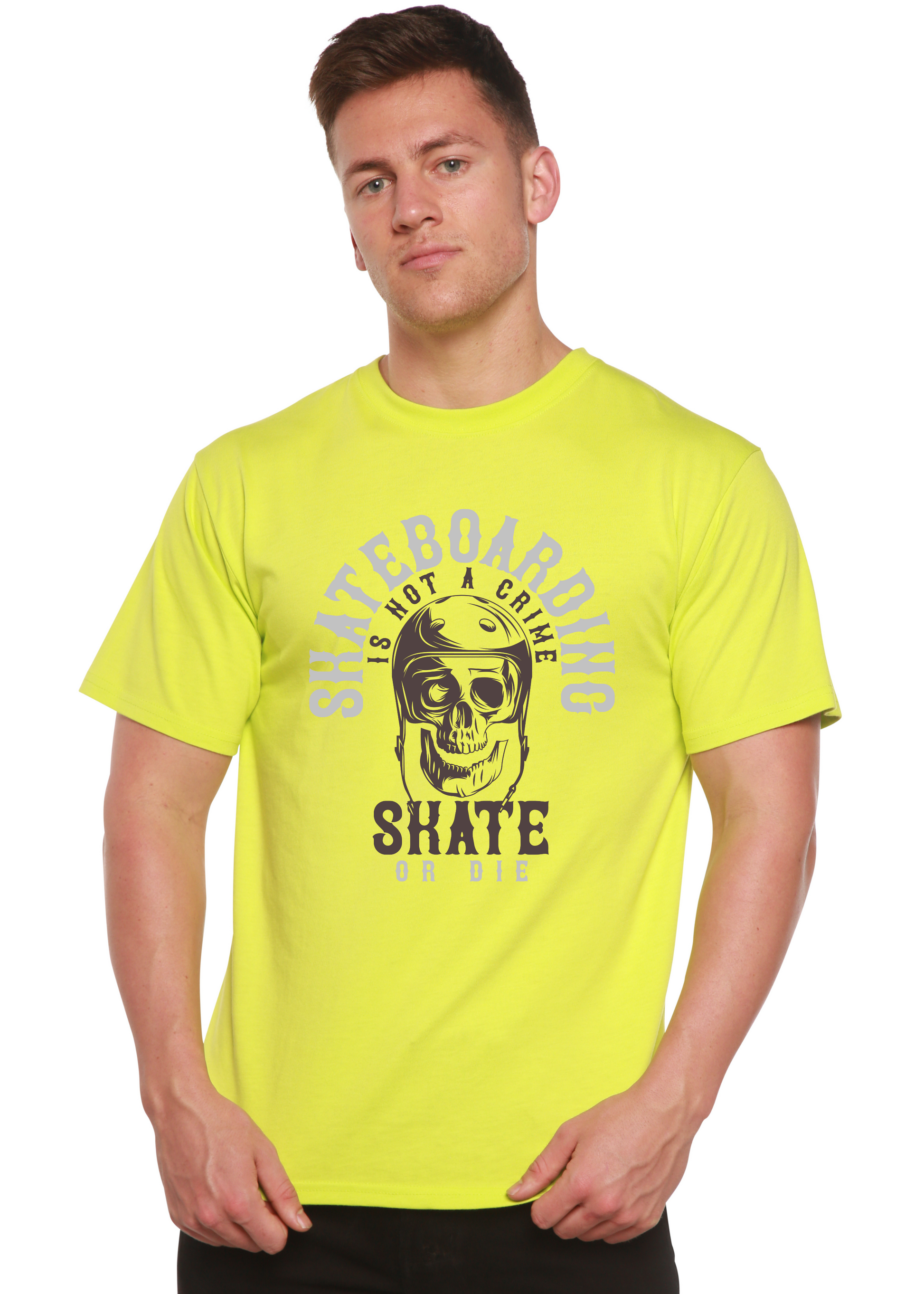 Skate Boarding graphic T-shirt for men in neon yellow by Spun Bamboo on Tampa Home & Garden Store