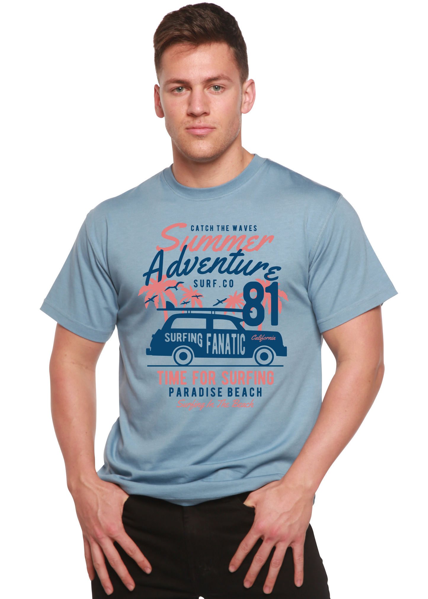 Sammer Adventure Spun Bamboo men's graphic tee light blue with palm trees and van print on Tampa Home & Garden Store
