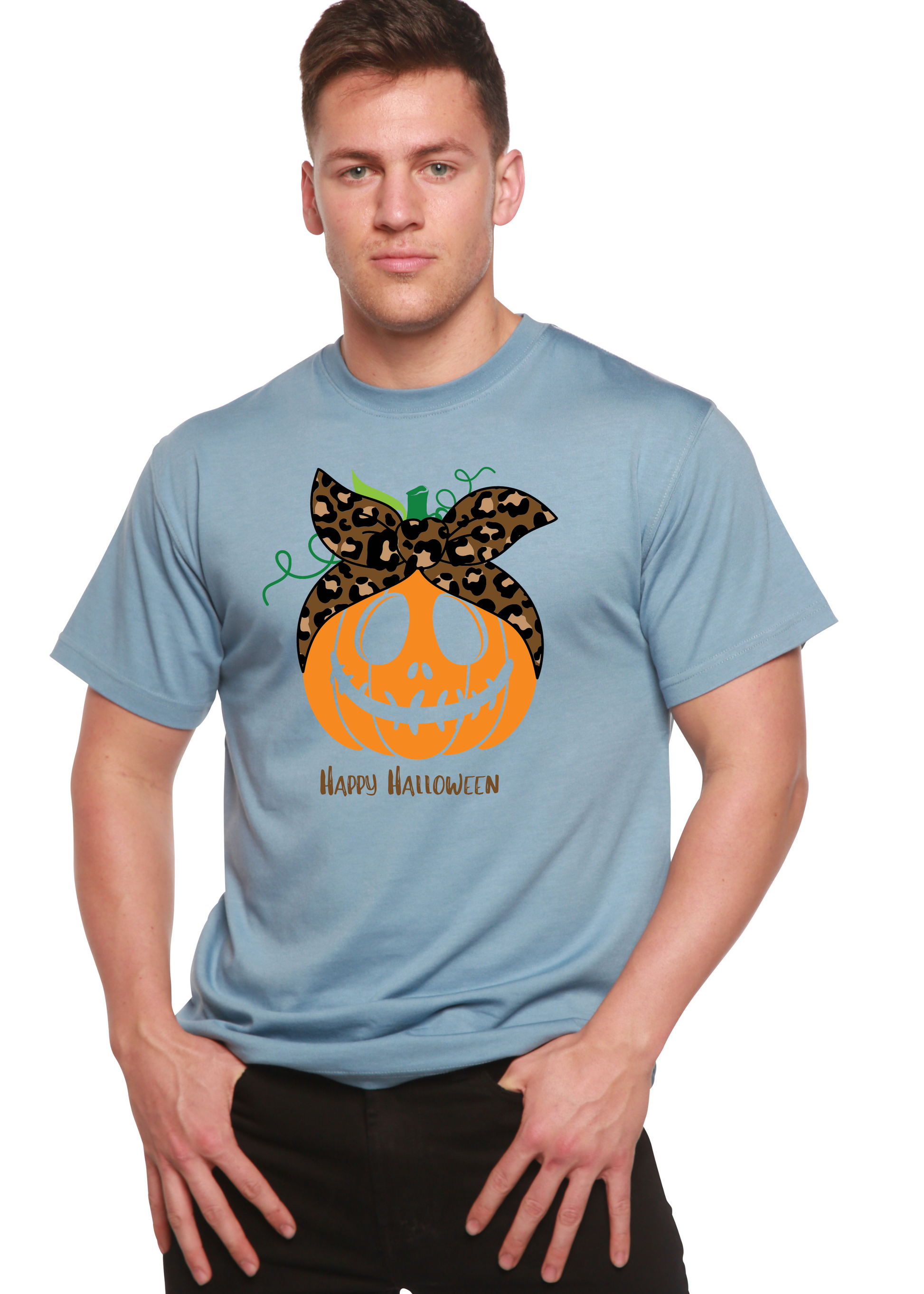 Happy Halloween Men's Bamboo T Shirt in light blue with leopard pumpkin bow graphic Spun Bamboo on Tampa Home & Garden Store