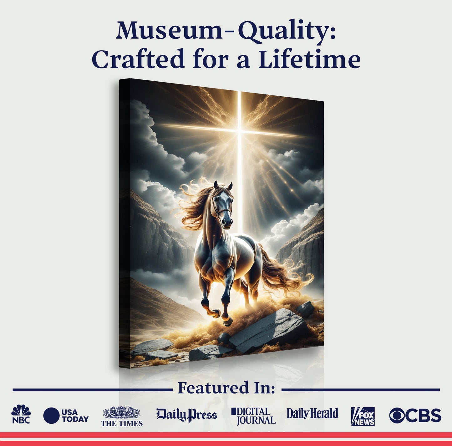 3D Horse Faith Wall Art II canvas by Tailored Canvases, galloping white horse under radiant sky on Tampa Home & Garden Store