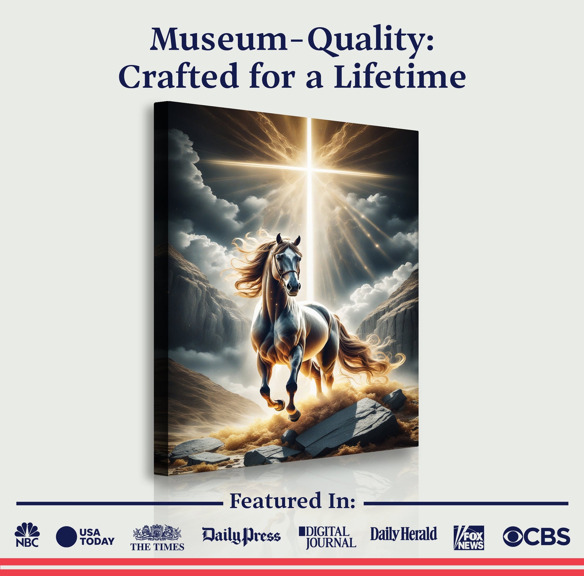 3D Horse Faith Wall Art II canvas by Tailored Canvases, galloping white horse under radiant sky on Tampa Home & Garden Store