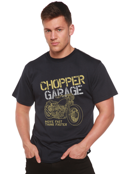Chopper Garage men's navy T-shirt with yellow motorcycle graphic and distressed lettering on Tampa Home & Garden Store