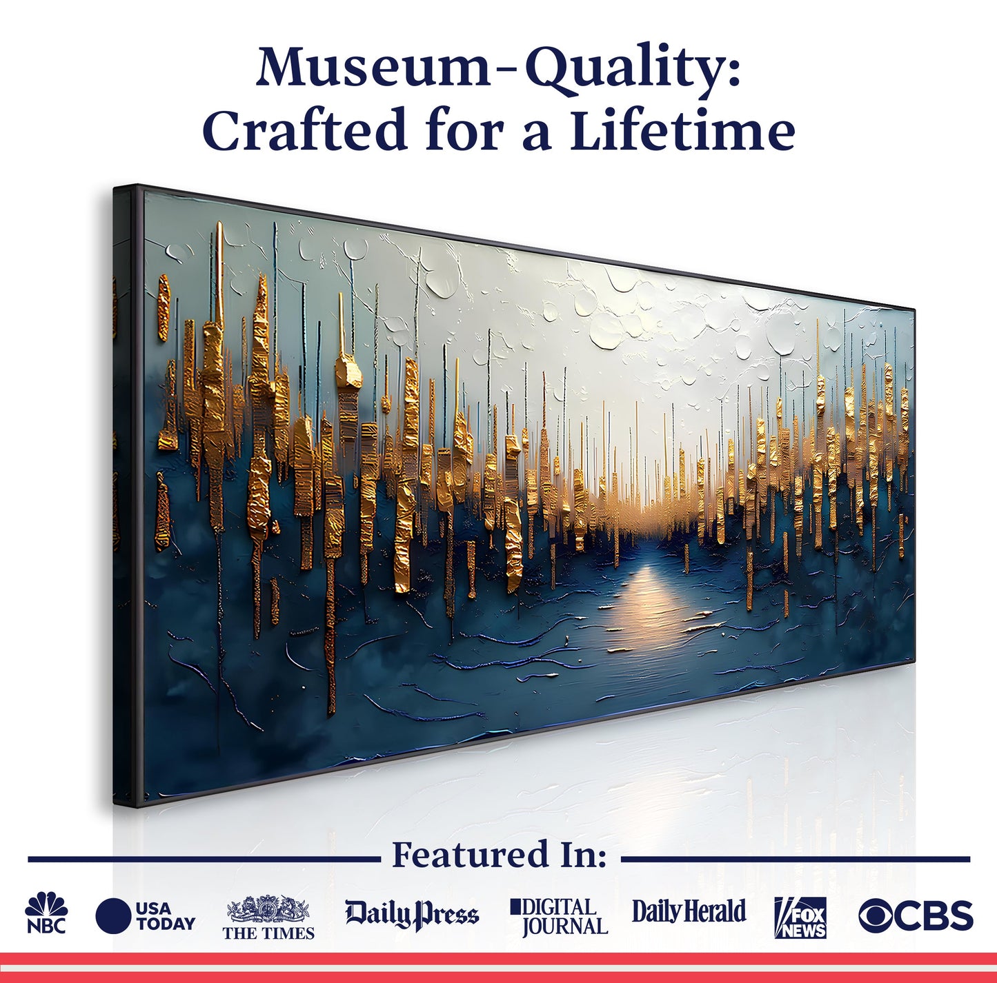 Golden Forest Reflection Abstract Wall Art Canvas with gold trees over blue water on Tampa Home & Garden Store