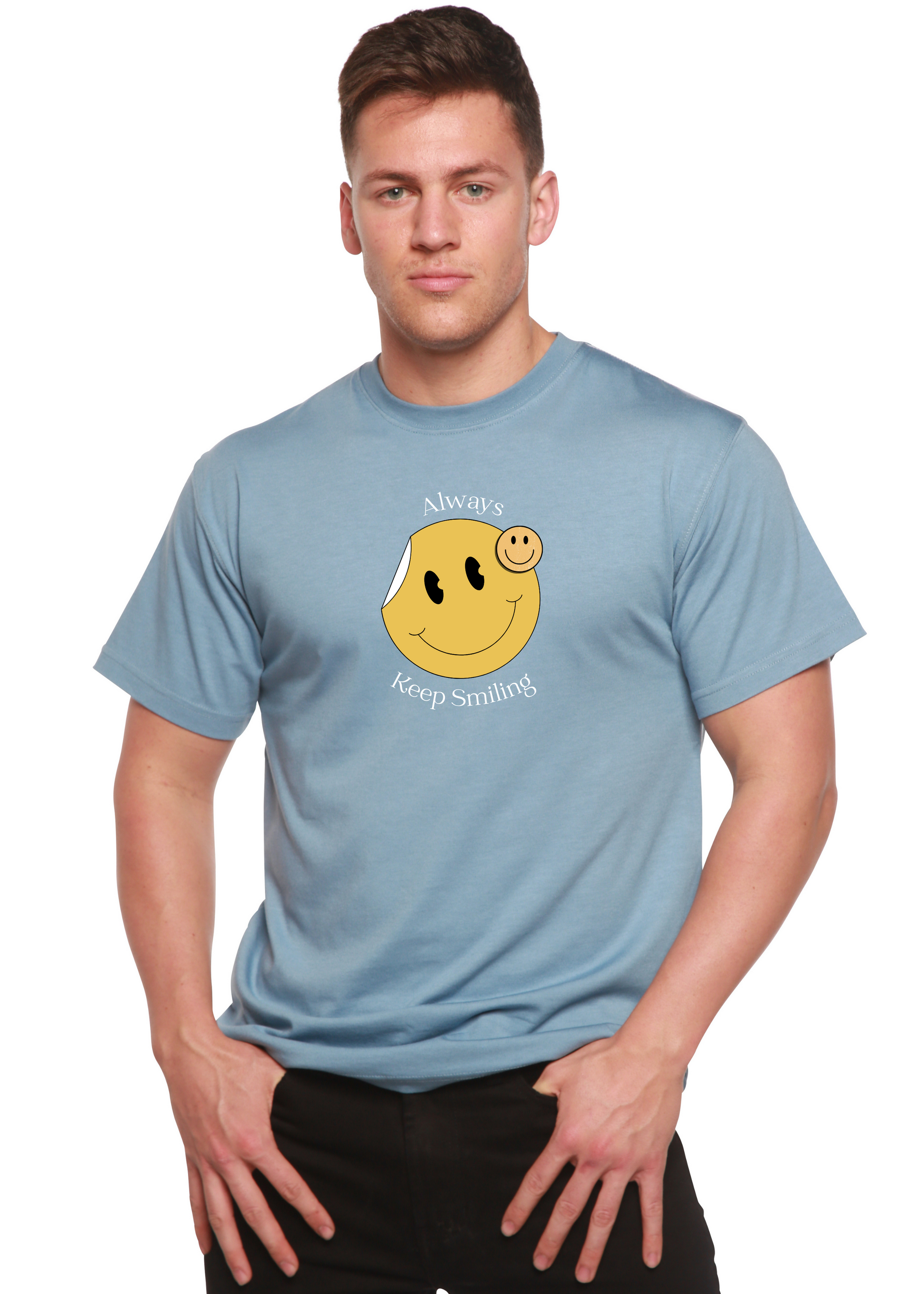 Spun Bamboo Always Keep Smiling men's blue bamboo blend graphic tee with smiley design on Tampa Home & Garden Store