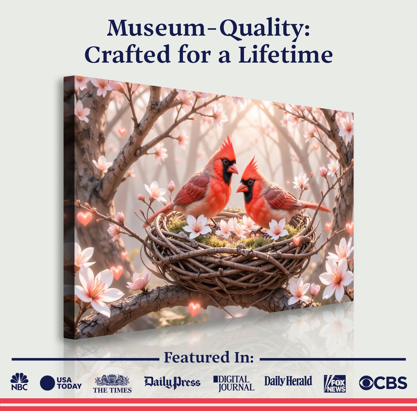 3D Cardinals Wall Art canvas by Tailored Canvases, red cardinals among blossoms on Tampa Home & Garden Store