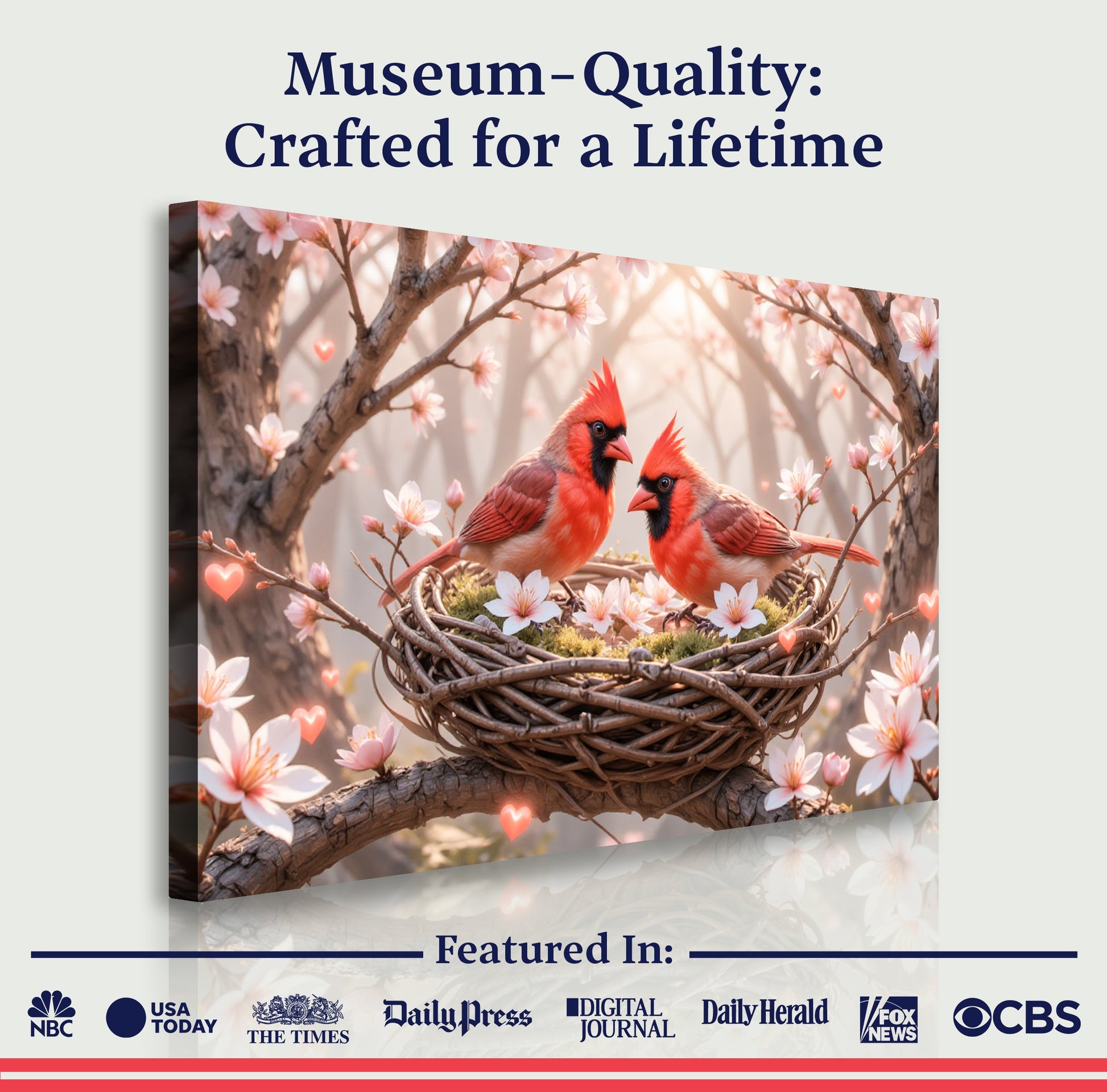 3D Cardinals Wall Art canvas by Tailored Canvases, red cardinals among blossoms on Tampa Home & Garden Store