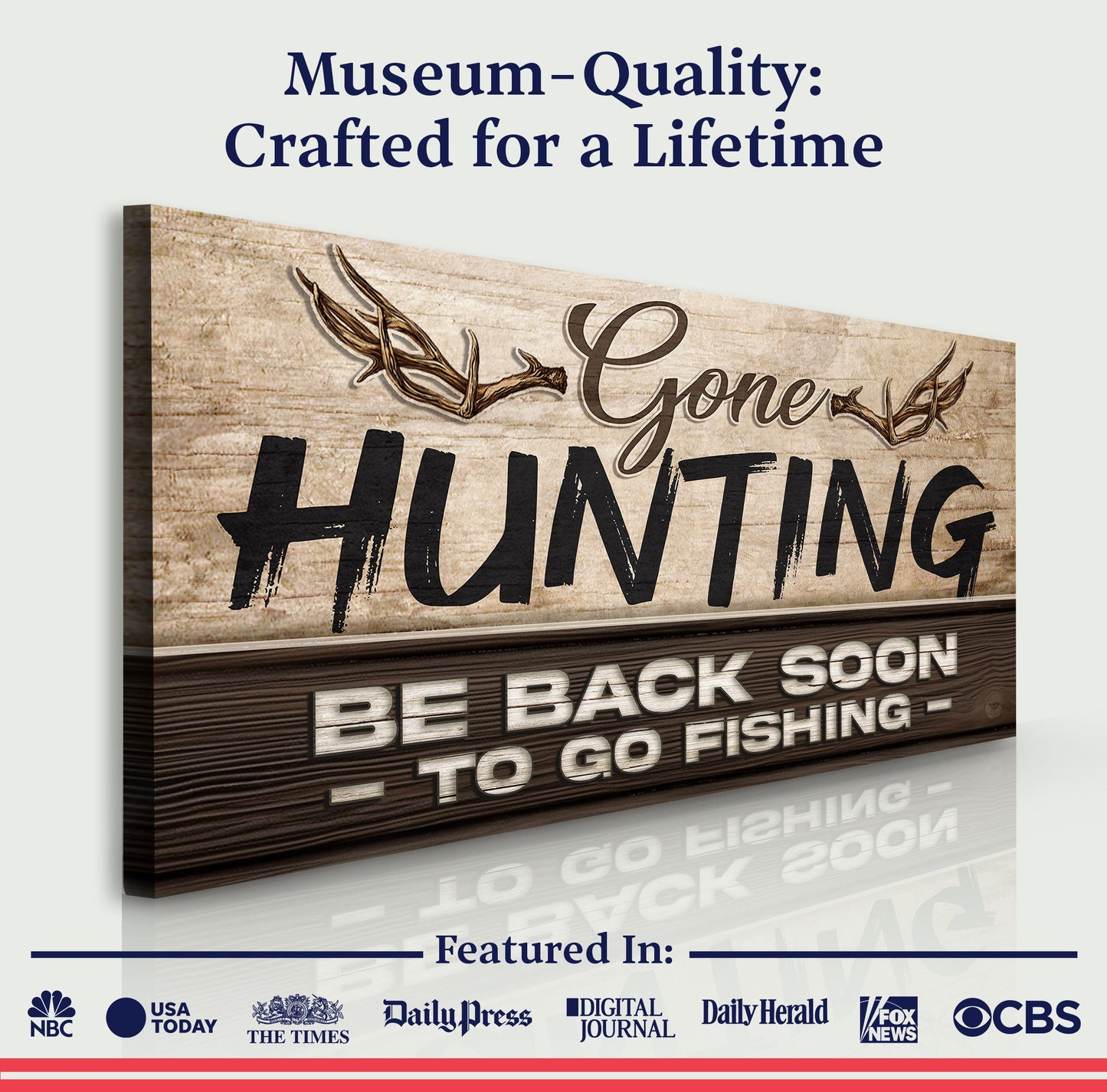 Gone Hunting Sign II canvas by Tailored Canvases with rustic wood panel and antler design on Tampa Home & Garden Store