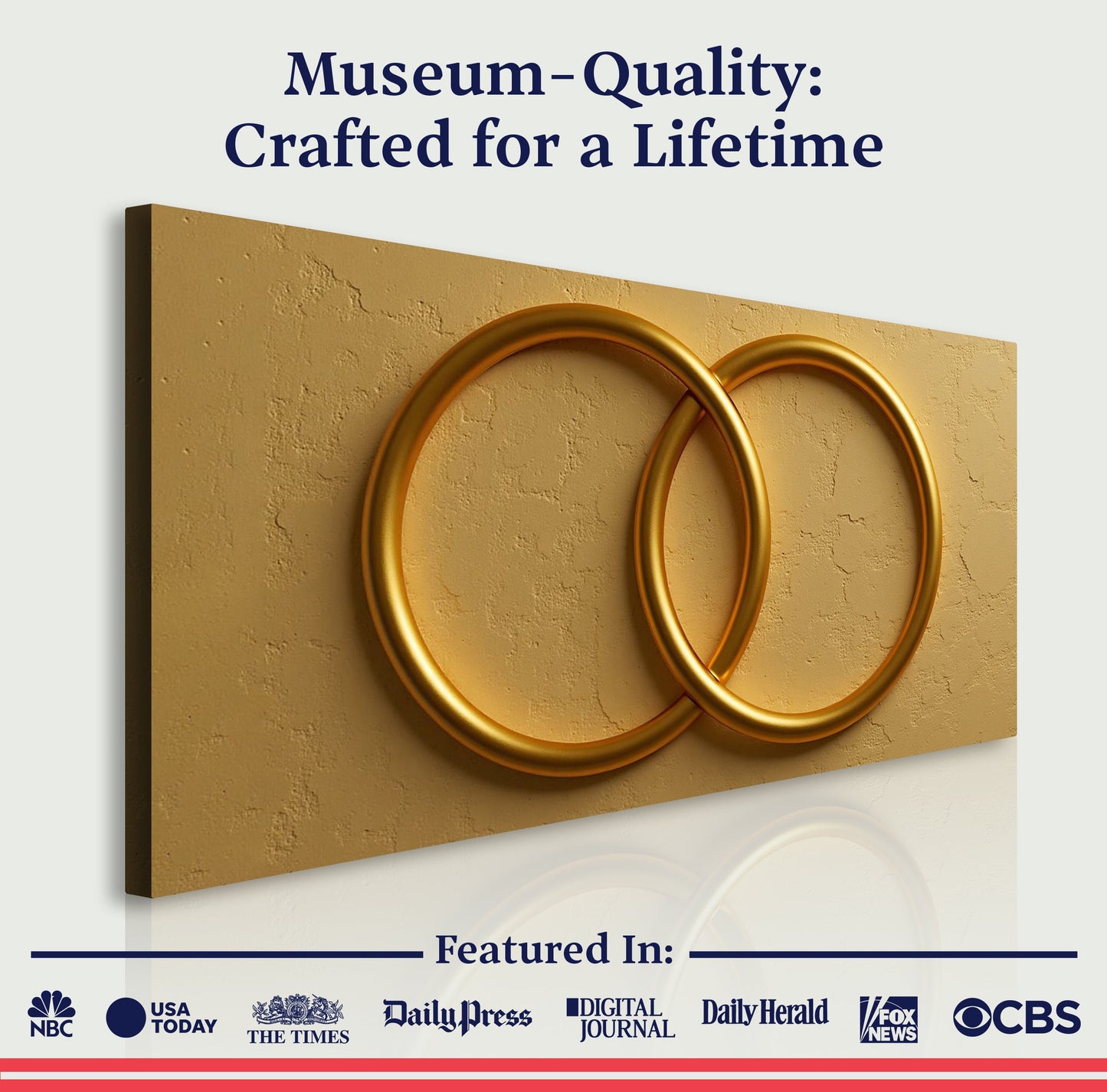 Sacred Union Wall Art canvas by Tailored Canvases with gold interlocking rings on textured tan on Tampa Home & Garden Store