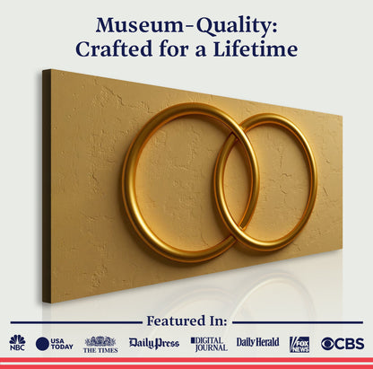 Sacred Union Wall Art canvas by Tailored Canvases with gold interlocking rings on textured tan on Tampa Home & Garden Store