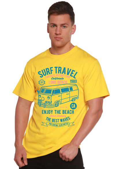 Surf Travel Spun Bamboo men's short sleeve graphic t-shirt in yellow with teal bus print on Tampa Home & Garden Store