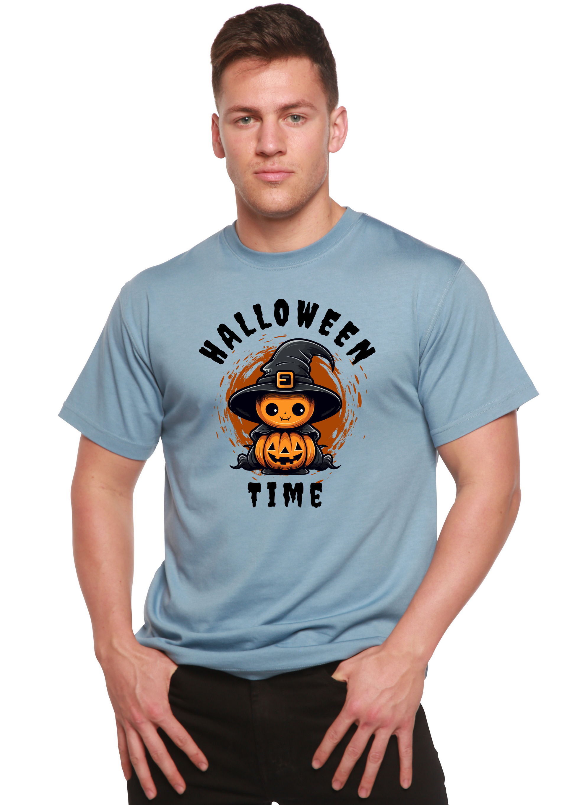Unisex bamboo Halloween graphic T-shirt in blue with pumpkin and witch hat design on Tampa Home & Garden Store