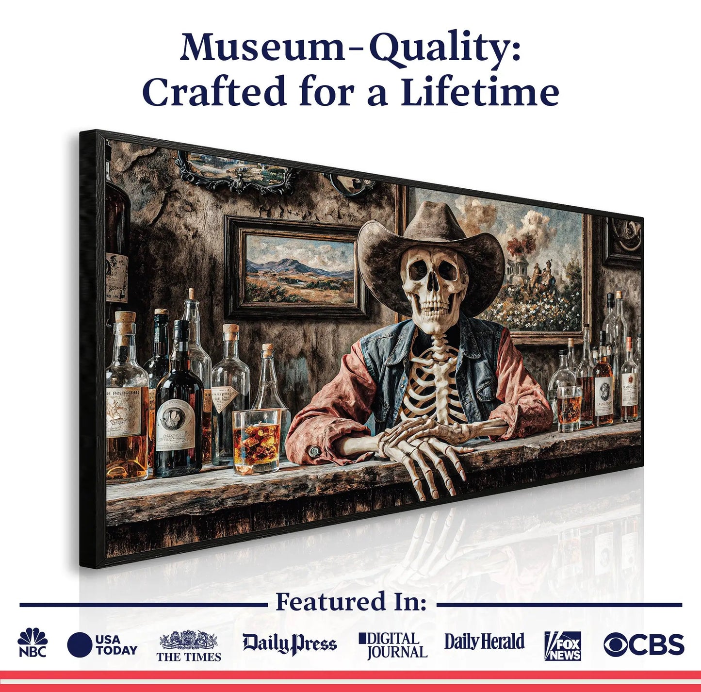 Skeleton Cowboy Barman wall art canvas in dark Western saloon tones by Tailored Canvases on Tampa Home & Garden Store