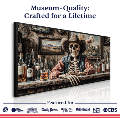 Skeleton Cowboy Barman wall art canvas in dark Western saloon tones by Tailored Canvases on Tampa Home & Garden Store