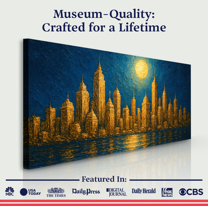 Golden Cityscape Impasto Wall Art Canvas Tailored Canvases; blue skyline with gold towers on Tampa Home & Garden Store