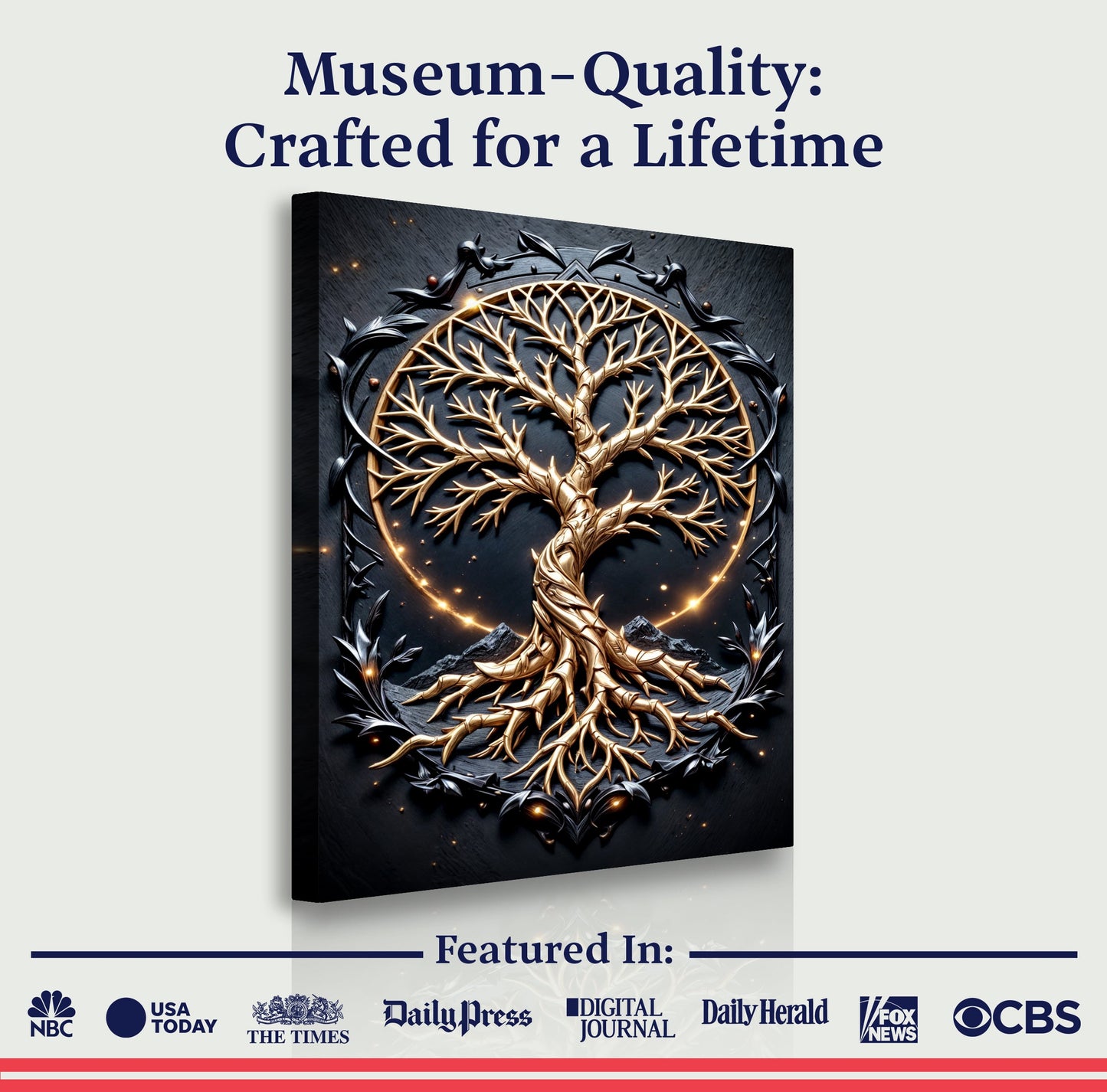 3D Celtic Tree of Life canvas by Tailored Canvases, gold tree in circle knot on backdrop on Tampa Home & Garden Store