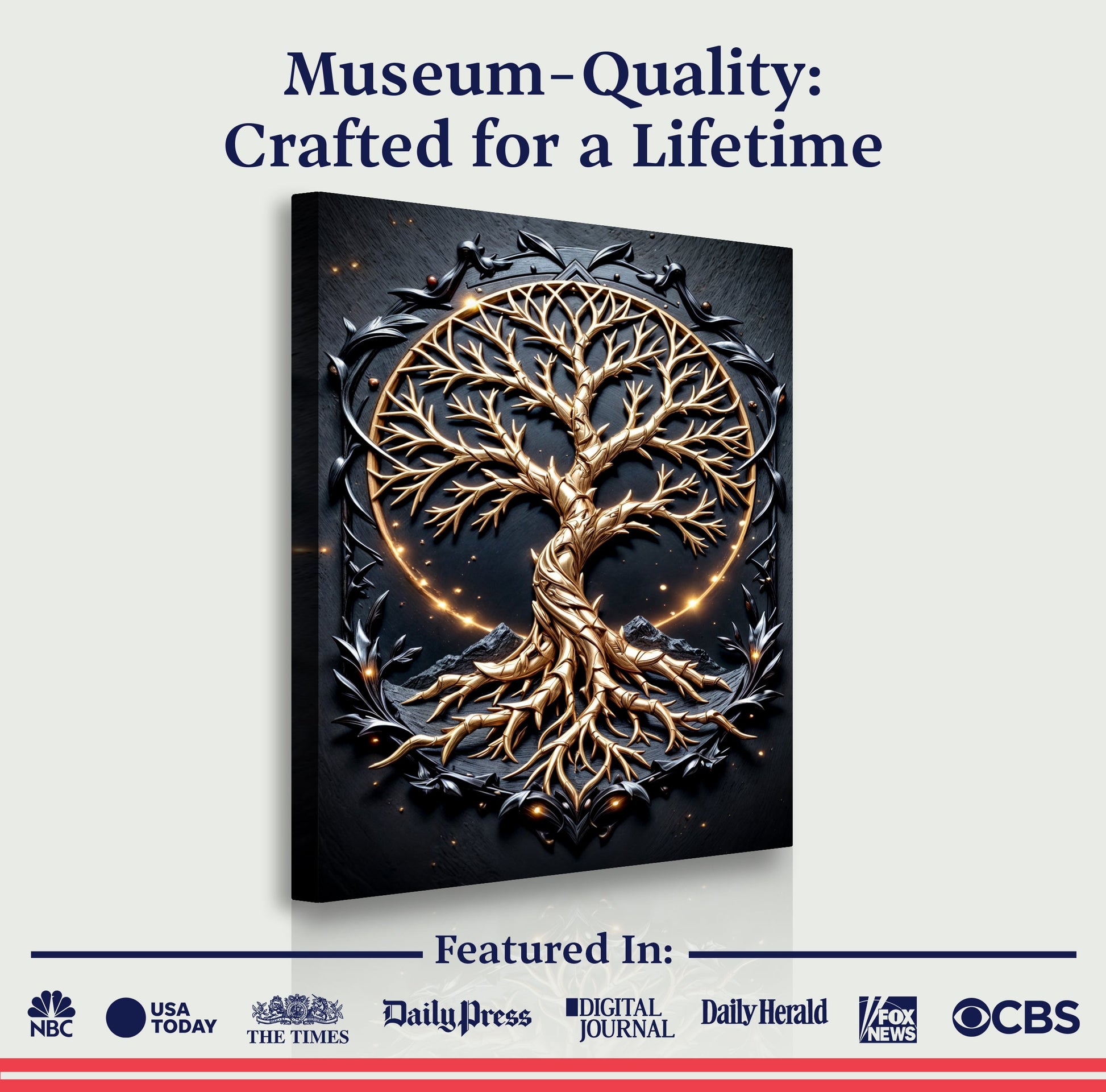 3D Celtic Tree of Life canvas by Tailored Canvases, gold tree in circle knot on backdrop on Tampa Home & Garden Store