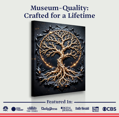 3D Celtic Tree of Life canvas by Tailored Canvases, gold tree in circle knot on backdrop on Tampa Home & Garden Store