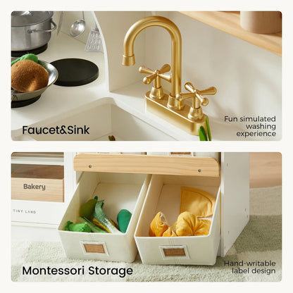 Tiny Land INC wooden play kitchen with storage, white unit and gold faucet hardware on Tampa Home & Garden Store