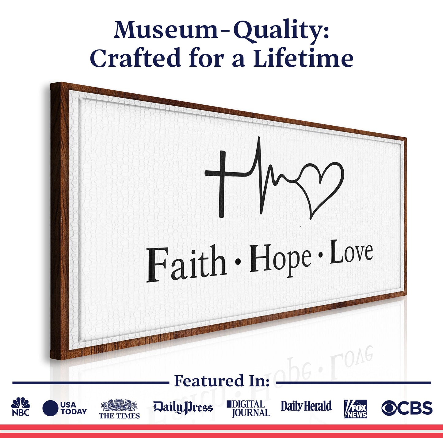 Faith Hope Love canvas wall art by Tailored Canvases, white textured print in brown wood frame on Tampa Home & Garden Store