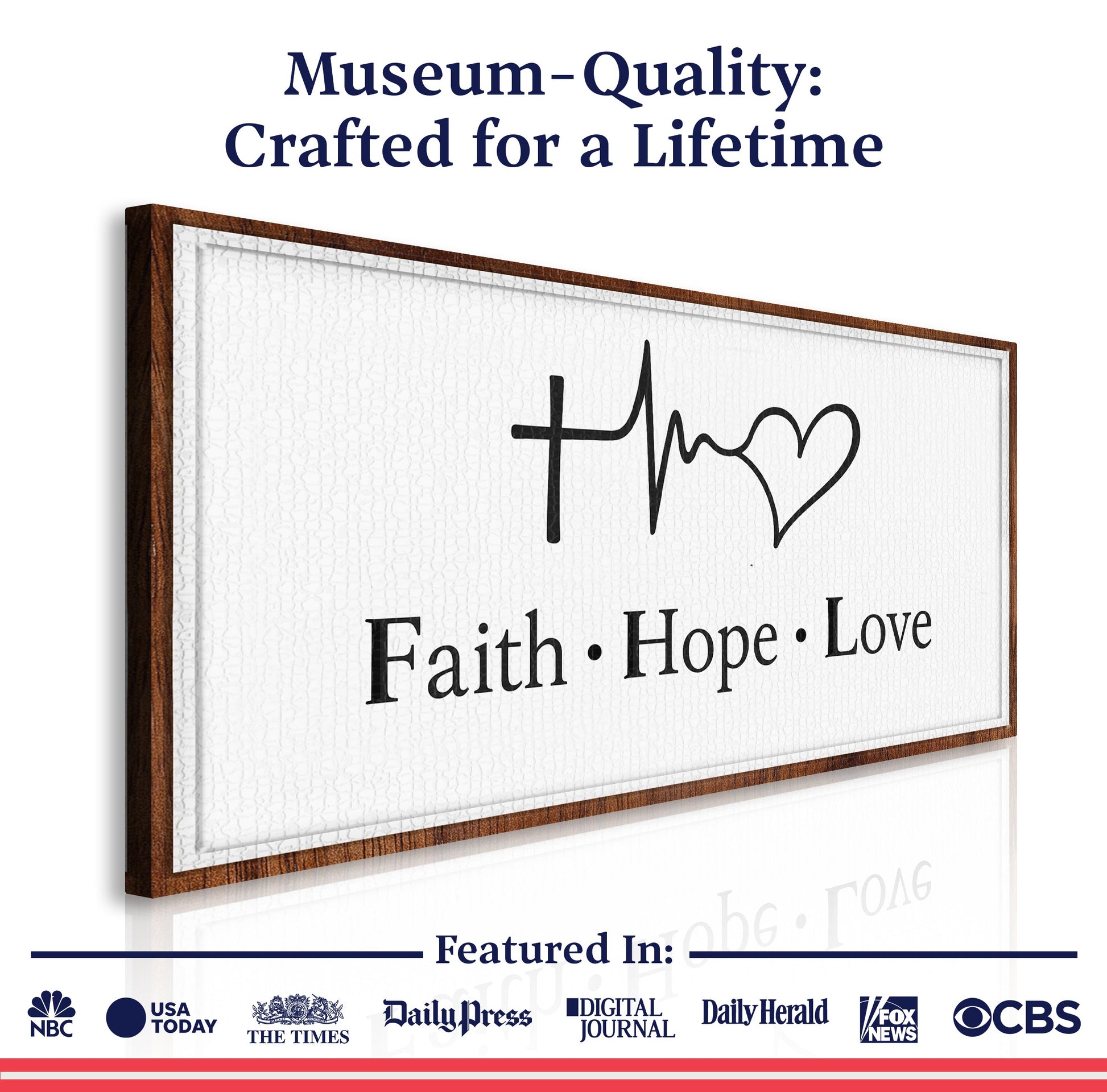 Faith Hope Love canvas wall art by Tailored Canvases, white textured print in brown wood frame on Tampa Home & Garden Store