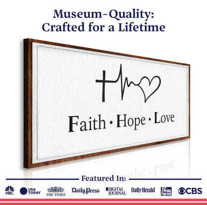 Faith Hope Love canvas wall art by Tailored Canvases, white textured print in brown wood frame on Tampa Home & Garden Store
