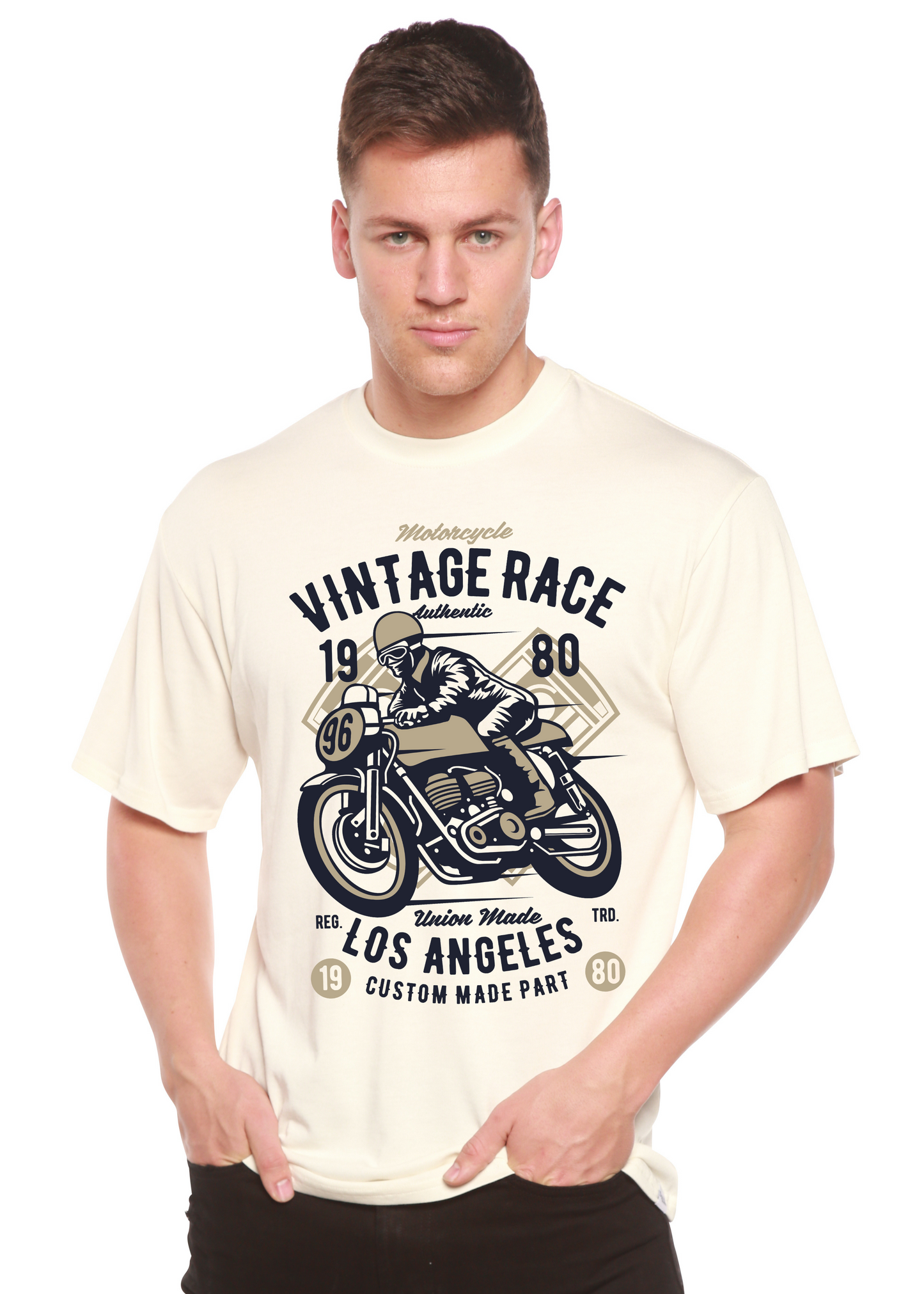 Vintage Race Spun Bamboo men's short sleeve graphic T-shirt in cream with motorcycle print on Tampa Home & Garden Store