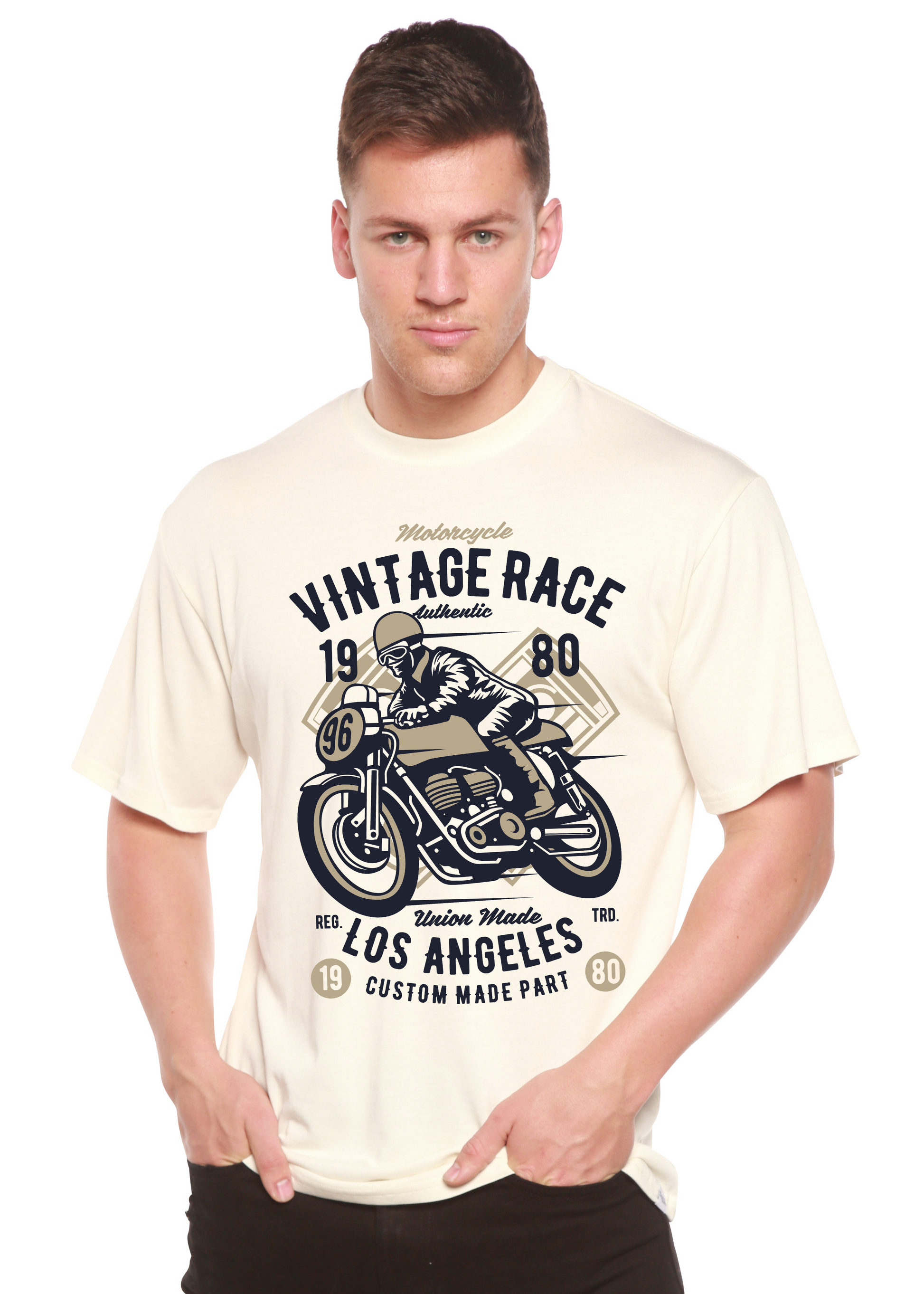 Vintage Race Spun Bamboo men's short sleeve graphic T-shirt in cream with motorcycle print on Tampa Home & Garden Store