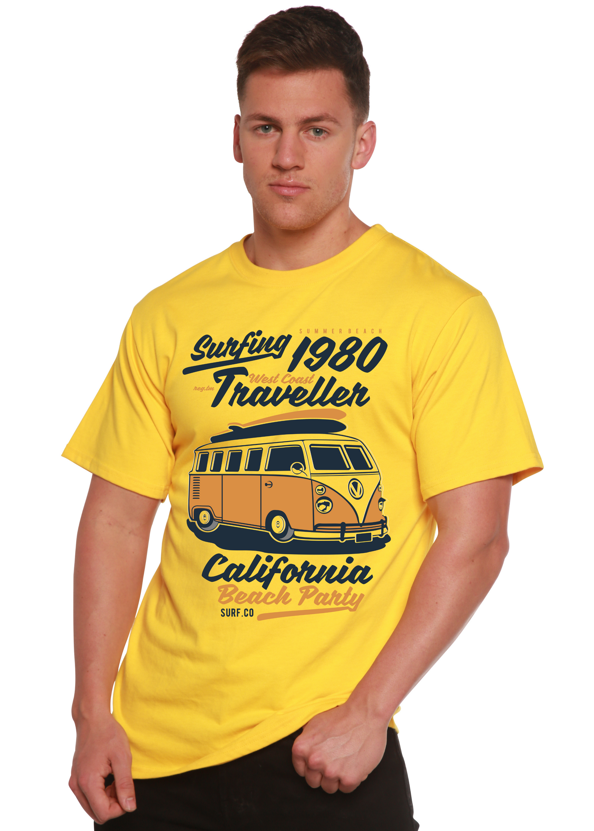 Surfing 1980 Spun Bamboo men's yellow short sleeve graphic T-shirt with vintage VW bus front print on Tampa Home & Garden Store