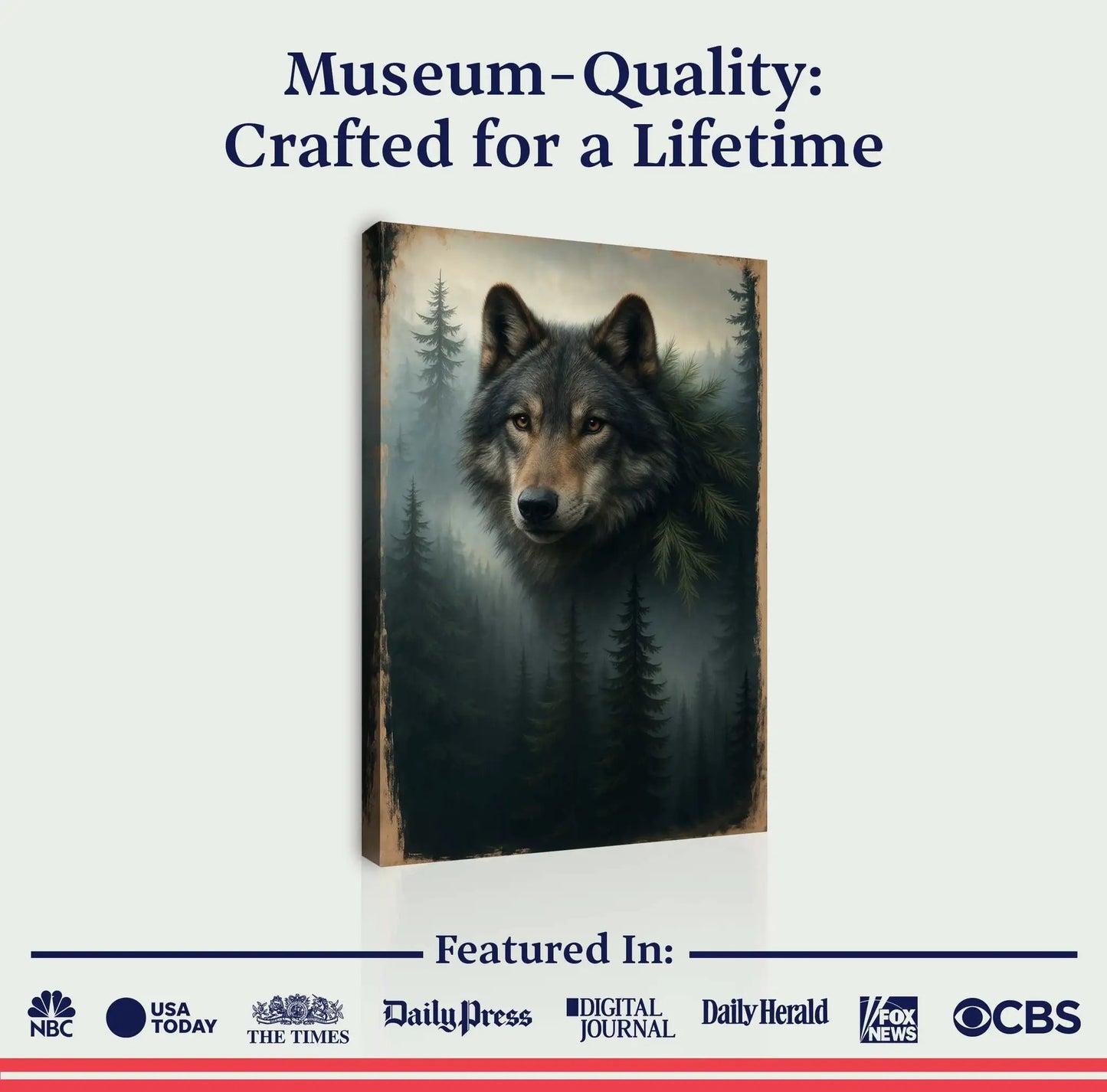 Wolf Double Exposure Canvas wall art with forest silhouettes and rustic border Tailored Canvases on Tampa Home & Garden Store