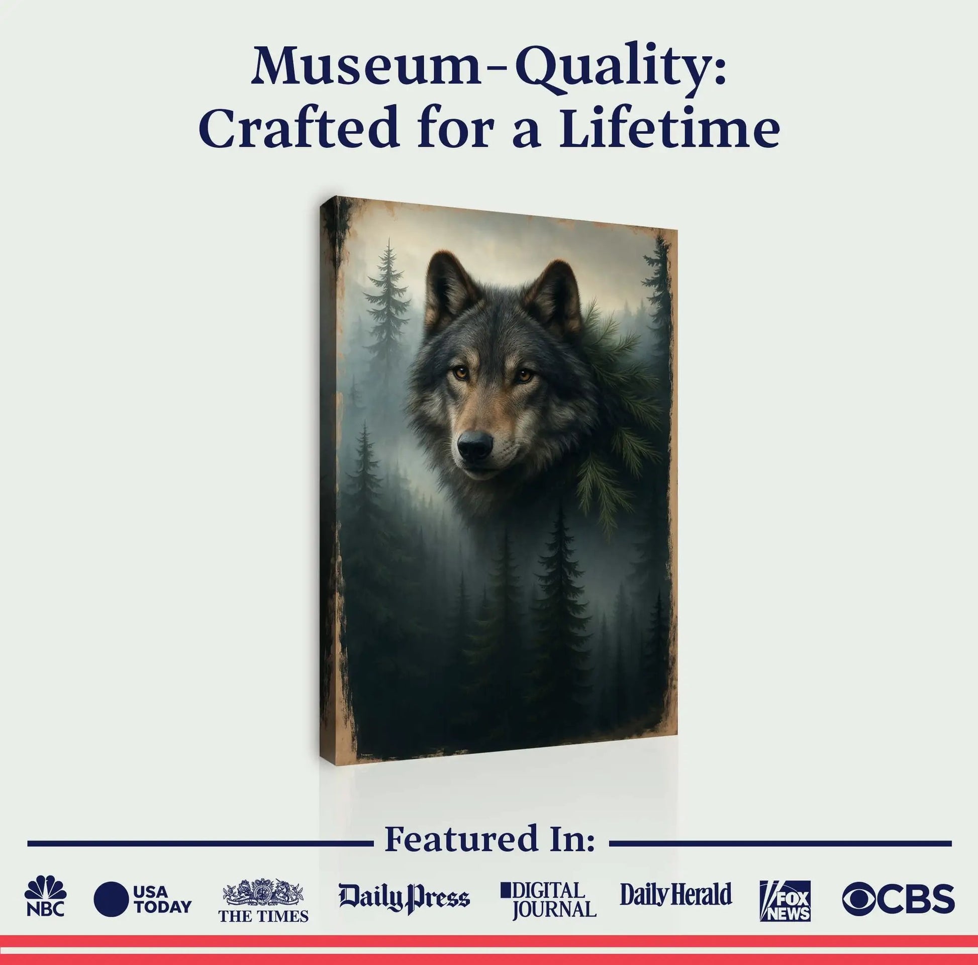 Wolf Double Exposure Canvas wall art with forest silhouettes and rustic border Tailored Canvases on Tampa Home & Garden Store