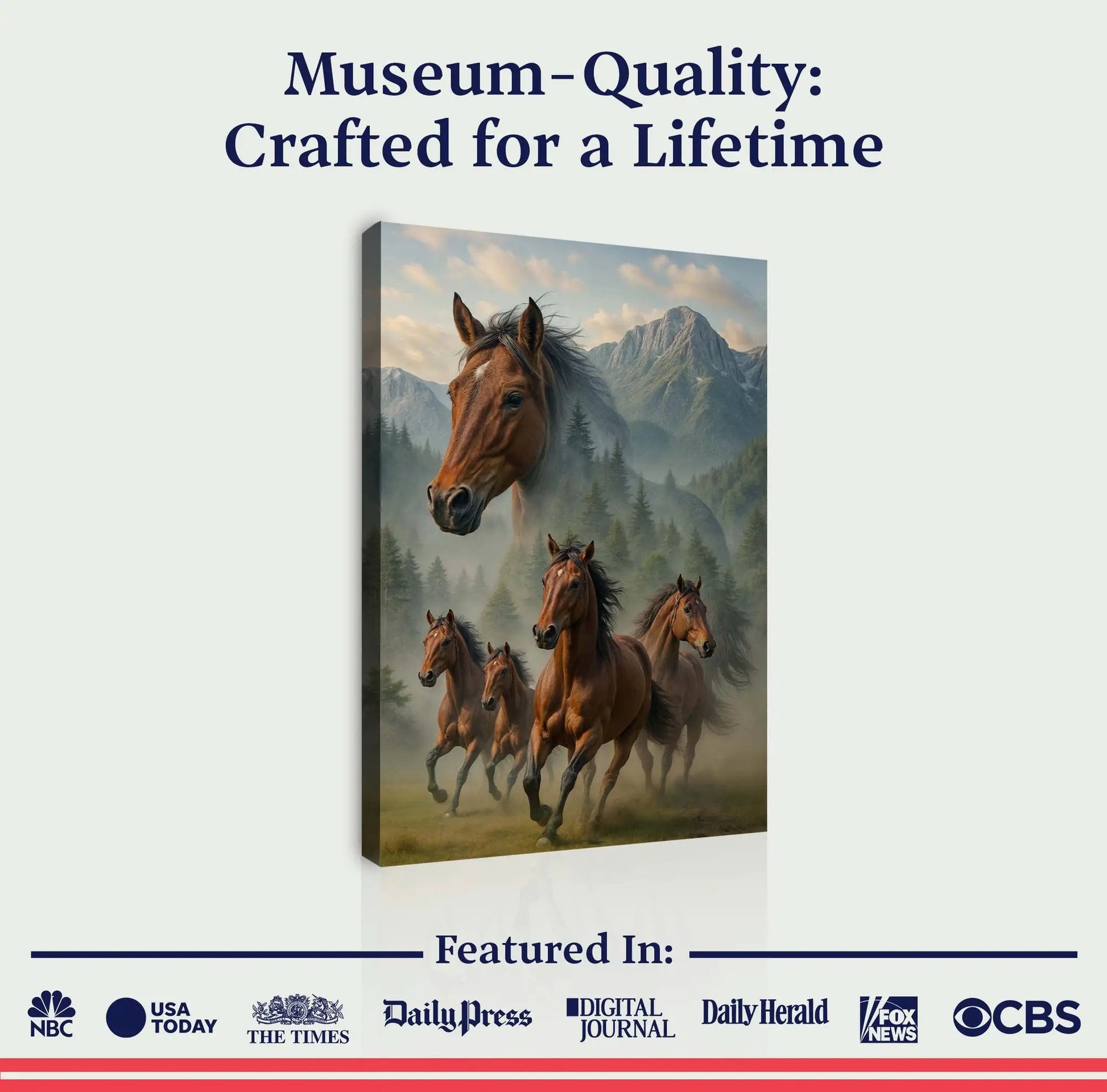 Galloping Horse Double Exposure Canvas wall art by Tailored Canvases with brown horses in a mist on Tampa Home & Garden Store
