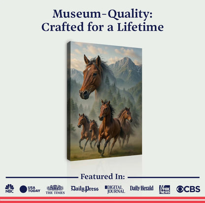 Galloping Horse Double Exposure Canvas wall art by Tailored Canvases with brown horses in a mist on Tampa Home & Garden Store