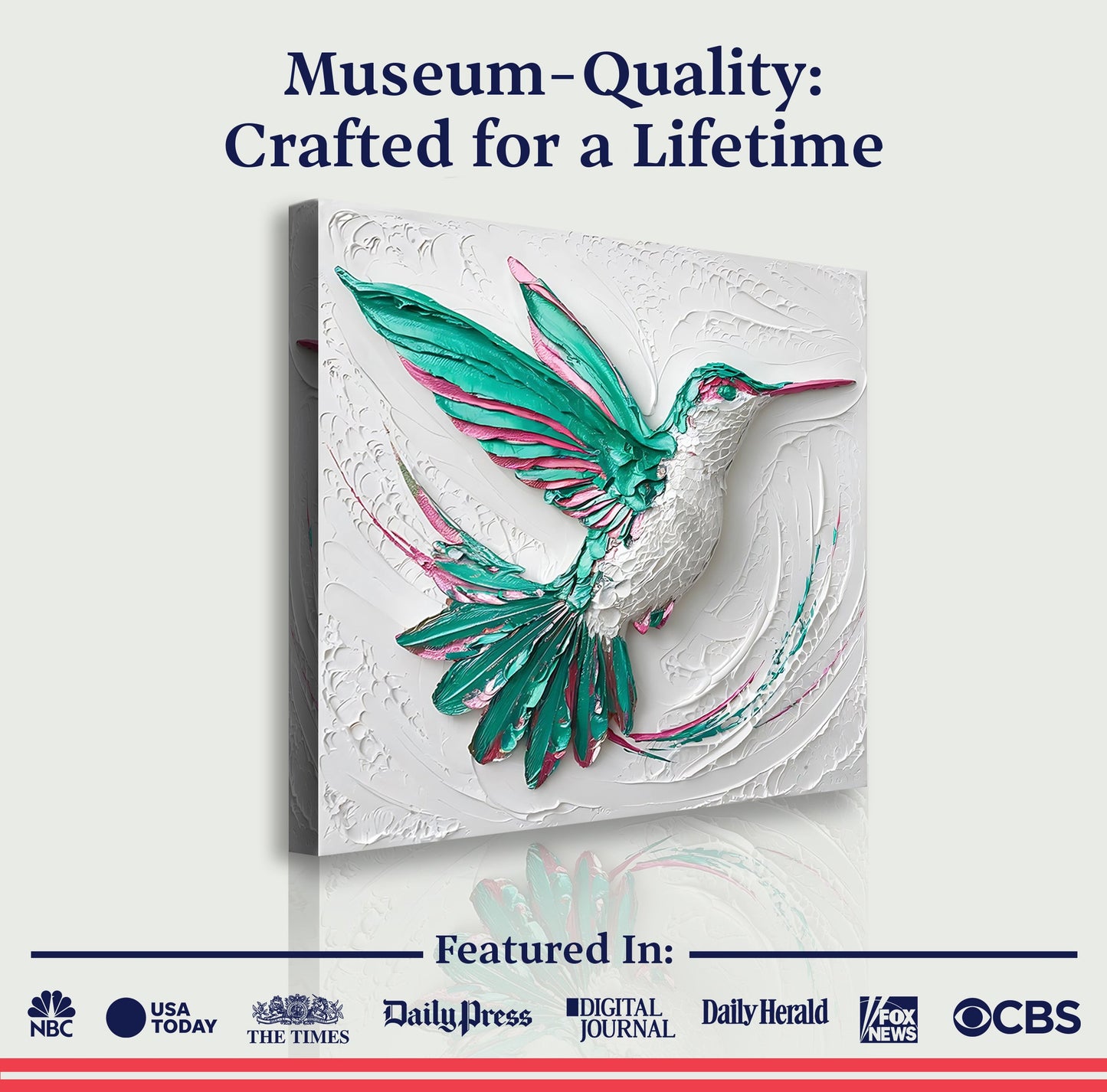 3D hummingbird wall art canvas Tailored Canvases; teal and pink bird on white canvas on Tampa Home & Garden Store