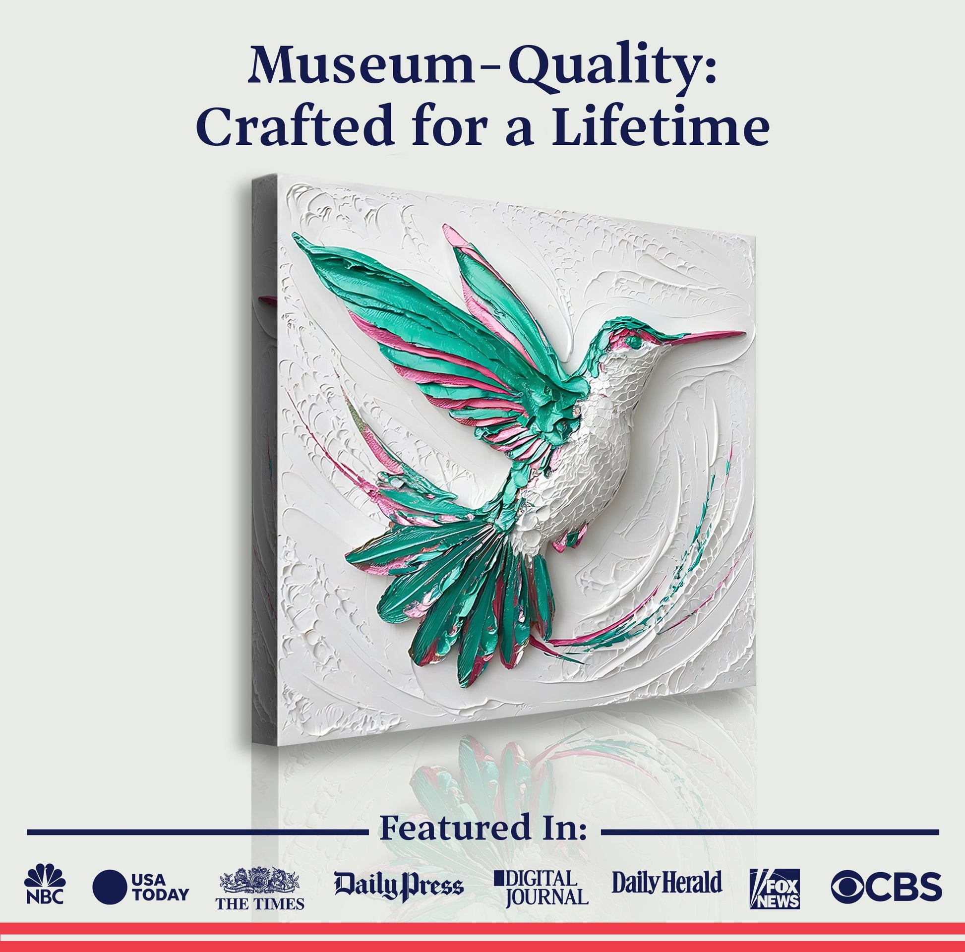 3D hummingbird wall art canvas Tailored Canvases; teal and pink bird on white canvas on Tampa Home & Garden Store