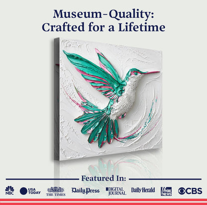 3D hummingbird wall art canvas Tailored Canvases; teal and pink bird on white canvas on Tampa Home & Garden Store