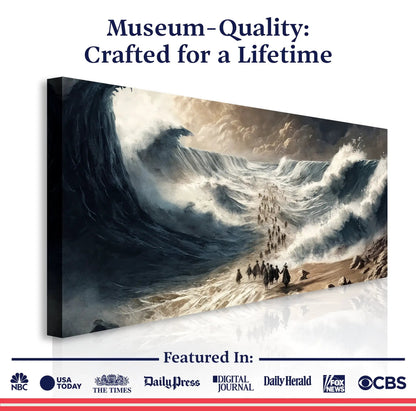 Canvas The Parting - Faith Wall Art IV by Tailored Canvases; dramatic dark blue waves with tiny shoreline figures on Tampa Home & Garden Store