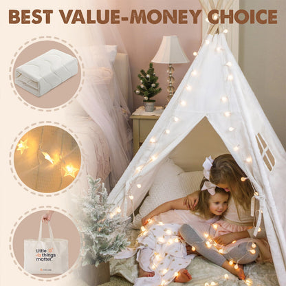 Tiny Land Teepee Tent for Kids with Floor Mat, play tent with string lights and two kids inside on Tampa Home & Garden Store