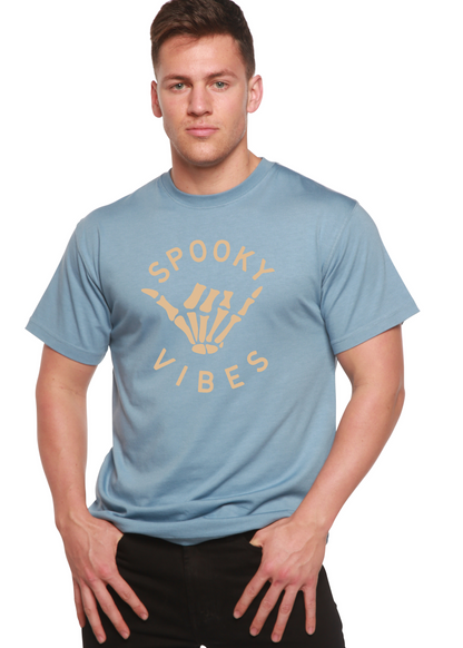 Spooky Vibes men's bamboo viscose/organic cotton tee graphic with peach skeleton hand on soft blue on Tampa Home & Garden Store